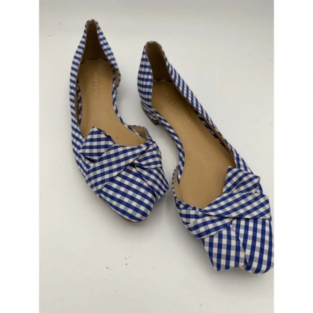 Talbots Gingham Bow D'Orsay Flats Blue White Low Block Heel 6M. ‎       1652